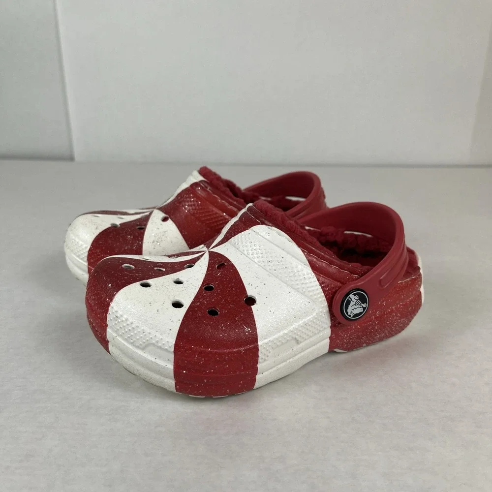 Holiday Crocs Slip Ons Red & White Candy Cane Peppermint Lined Toddler 9/9C